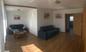 a living room with two blue couches and a table at Ferienwohnung "Zwei Birken" in Ellwangen