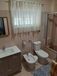 a bathroom with a toilet and a sink and a mirror at Apartamento Solvita in Coimbra