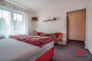 Schlafzimmer mit einem Bett, einem Schreibtisch und einem Fenster in der Unterkunft Penzion U Kašpárků in Žehrov
