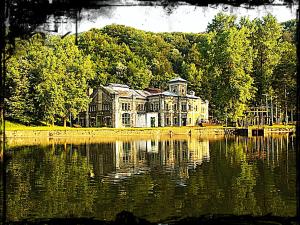 an old house is reflected in a body of water at Marcos Apartments - self check-in in Reşiţa