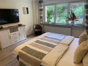 Un dormitorio con una cama con televisión y una ventana. en Roosartige Ferien - Ferienwohnung am Weiherturm, en Bacharach