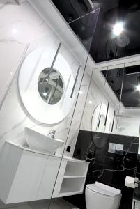 La salle de bains est pourvue d'un lavabo et d'un miroir. dans l'établissement Blue Velvet Premium Apartments III, à Toruń