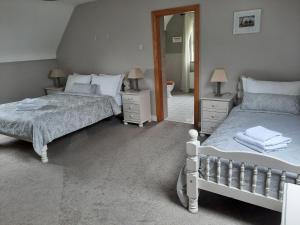 a bedroom with two beds and a mirror at Doolin Eye Dunroman in Doolin