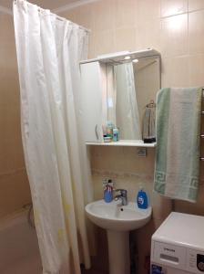 a bathroom with a sink and a shower curtain at Квартира-студия in Kharkiv