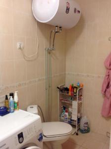 y baño con ducha y aseo. en Квартира-студия en Járkov