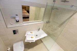 a bathroom with a sink and a shower and a toilet at Hotel Cesario in Calvi