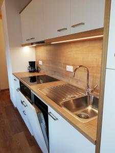 a kitchen with a stainless steel sink and wooden cabinets at Chalet Niederhaushof in Ultimo