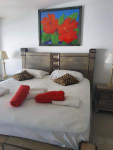 een bed met twee rode kussens en een schilderij aan de muur bij Blue View Apartments in Sabana Westpunt
