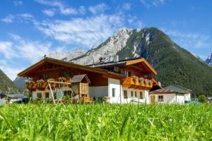 une maison dans un champ avec une montagne en arrière-plan dans l'établissement Landhaus Mair, à Scharnitz