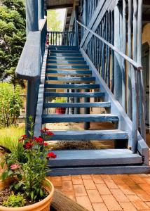 uma escada com degraus azuis e um vaso de flores em Guadalupe Inn em Santa Fé