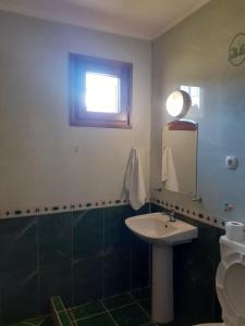a bathroom with a sink and a mirror and a toilet at Вилно селище Баташки хан in Tsigov Chark