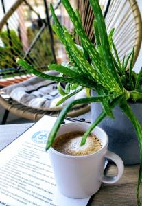 a cup of coffee sitting on a table with a plant at Happy Anchor Apartments in Kallithea Halkidikis