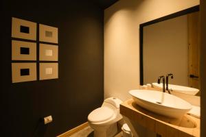 La salle de bains est pourvue d'un lavabo, de toilettes et d'un miroir. dans l'établissement Casa Du Vélo, à Filandia