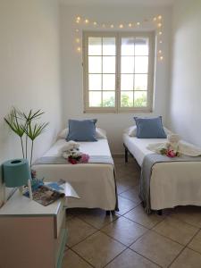 two beds in a room with two windows at villa laria in Tropea