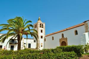 a building with a clock tower and a palm tree at Sea Lovers Jacuzzi Fuerteventura in Gran Tarajal