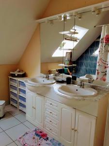 een badkamer met 2 wastafels en een dakraam bij L'atelier des Fées de l'Aff in Paimpont