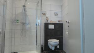 ein Badezimmer mit Dusche und Toilette in der Unterkunft Tauber Glamping Mobil in Tauberbischofsheim + 41 Fotos