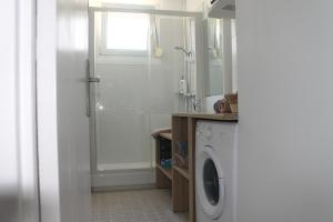 a bathroom with a shower and a washing machine at Appartement Dunkerque proximité plage et centre ville in Dunkerque
