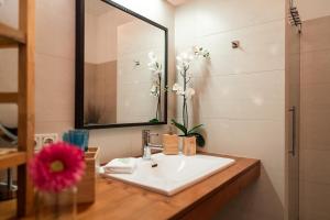 a bathroom with a sink and a mirror at Luxury Downtown Appartement mit Garage in Graz +29 photos