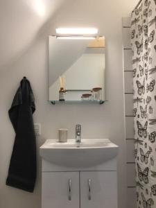 a bathroom with a sink and a mirror at Elleholm in Odense
