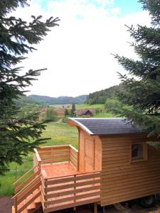 a small cabin with a porch and a deck at Kempfenhof in Seelbach