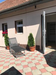 una silla en un patio frente a una casa en Casa Printre gradini, en Brasov