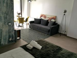 un soggiorno con divano e un letto. di Caraway Apartment Oradea a Oradea