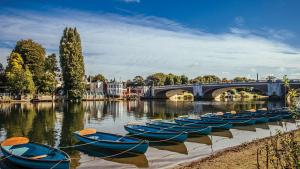 a row of blue boats in a river with a bridge at The Mitre, Hampton Court in Kingston upon Thames