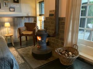 a wood stove in a room with a basket of mushrooms at B&B de Tuinfluiter in Nieuwleusen