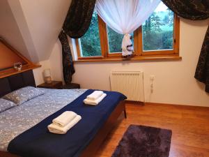 1 dormitorio con 1 cama y ventana con toallas en Apartament Joanna, en Poronin