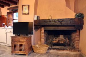 sala de estar con chimenea y TV de pantalla plana en Can Coderch, en Ribes de Freser