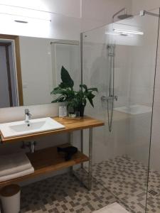 W łazience znajduje się umywalka i prysznic. w obiekcie Grand Hôtel de la Poste w mieście Saint-Jean-de-Luz