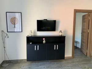 a black entertainment center with a television on a wall at Apartman Spring in Sombor