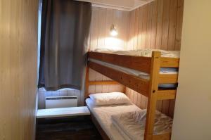 two bunk beds in a room with a window at 16-Nasjonalpark, sykling, fisking, kanopadling, skogs- og fjellturer in Ljørdal