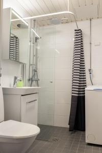 a bathroom with a shower and a toilet and a sink at Tuure´s studio near to Art Museum in Turku