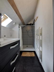 un baño con ducha y lavabo en Duplex spacieux avec vue montagne au cœur de Cauterets, 6 à 8 pers, 3 chambres, 2 SDB, en Cauterets