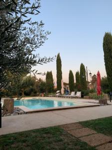 een zwembad in een tuin met stoelen en bomen bij Il casale di rosaria in Zagarolo