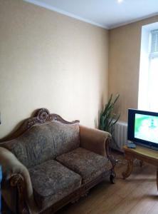 um sofá sentado numa sala de estar com televisão em Однокомнатная Шота Руставели em Kiev