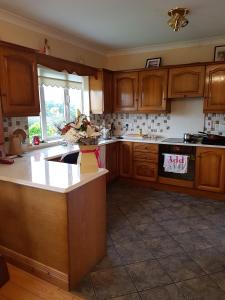 a kitchen with wooden cabinets and a counter top at Hillgrove House in Boyle