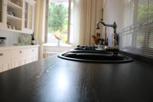 eine Küche mit schwarzer Arbeitsplatte und Spüle in der Unterkunft Retro big Apartment with two balconies and lift in Karlsbad + 43 Fotos