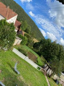 Blick auf einen grasbewachsenen Hügel mit einem Haus in der Unterkunft Ferienhaus Bärbelstein Barbarossa in Erlenbach