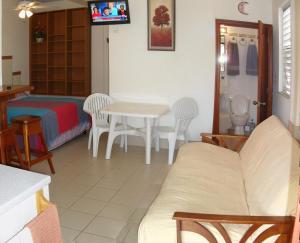 a living room with a couch and a table and a bed at Michelo Suites in Placencia Village