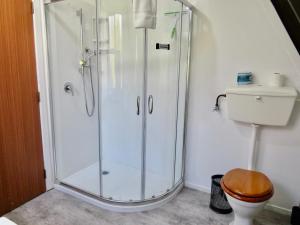 a shower stall in a bathroom with a toilet at Fox Chalet - Lake Tekapo in Lake Tekapo
