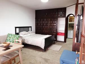 sypialnia z łóżkiem, stołem i kanapą w obiekcie Madre Tierra Apartment w mieście Puerto de la Madera