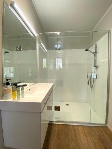 a white bathroom with a shower and a sink at Anglers Retreat in Lake Tekapo