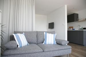 ein Wohnzimmer mit einer grauen Couch mit blauen und weißen Kissen in der Unterkunft Panorama & Vino apartman in Szigliget