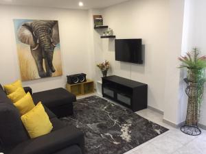 uma sala de estar com um sof e uma TV em Casa Porta de Santiago em Pinhel