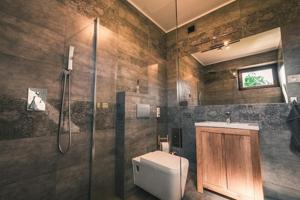 un bagno con doccia, WC e lavandino di WANATÓWKA a Korczyna Altre 28 foto