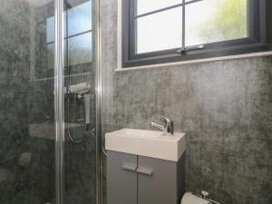 a bathroom with a sink and a shower at High Rigg Shepherd's Hideaway in Brampton