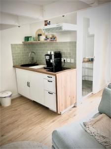 - une cuisine avec un évier et un comptoir dans l'établissement Le Petit Coeur, au Havre